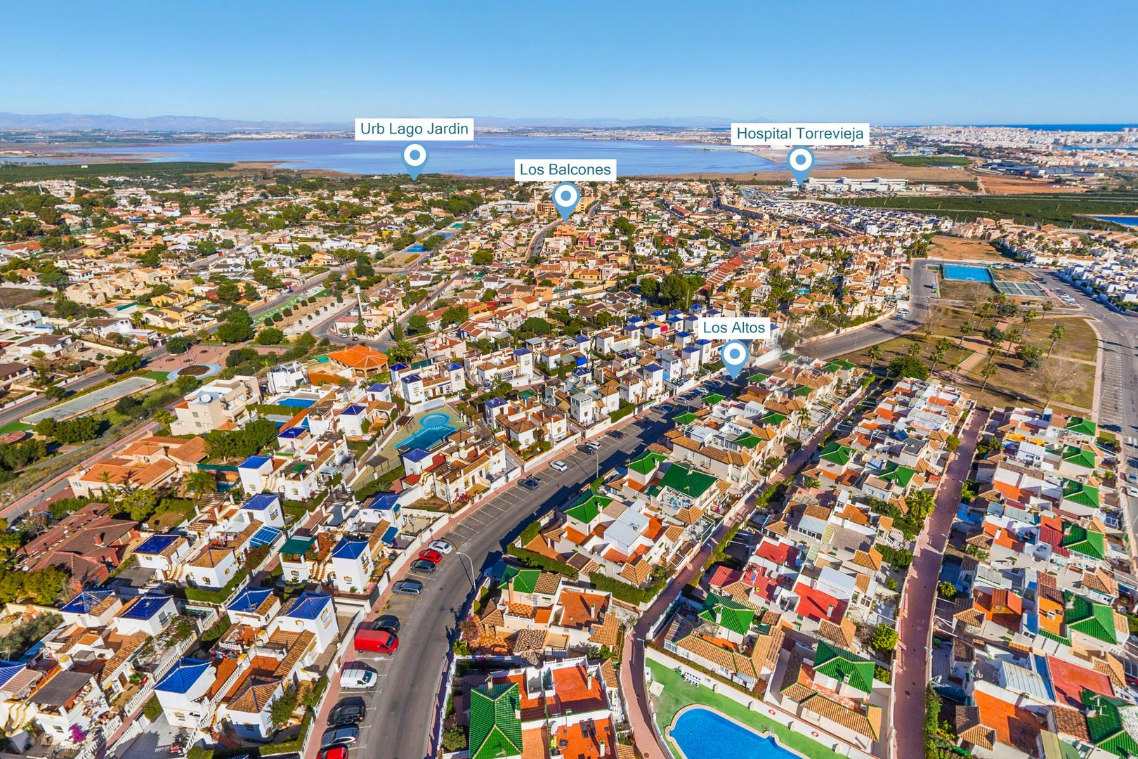 Los Balcones community pool area aerial Torrevieja